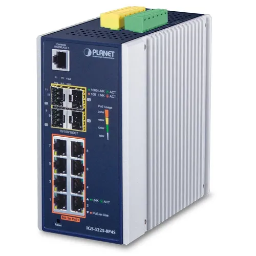 Planet (IGS-5225-8P4S) L2+ Industrial 8-Port 10/100/1000T 802.3at PoE + 4-Port 100/1000X SFP Managed Ethernet Switch