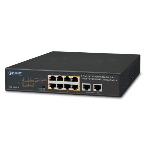 Planet (GSD-1008HP) 8-Port 10/100/1000T 802.3at PoE + 2-Port 10/100/1000T Desktop Switch (120 watts)
