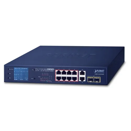 Planet (GSD-1222VHP) 8-Port 10/100/1000T 802.3at PoE + 2-Port 10/100/1000T + 2-Port 1000X SFP Ethernet Switch with PoE LCD Monitor