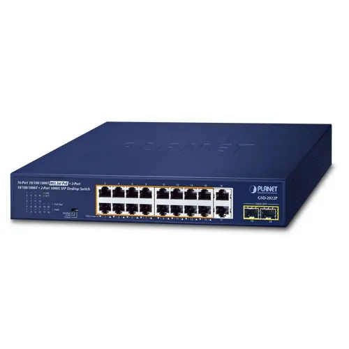 Planet (GSD-2022P) 16-Port 10/100/1000T 802.3at PoE + 2-Port 10/100/1000T + 2-Port 1000X SFP Desktop Switch
