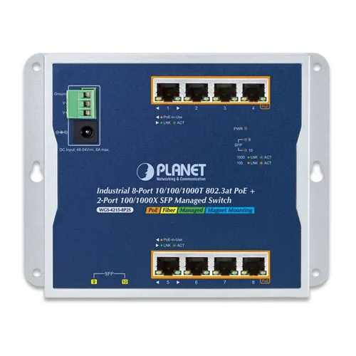 Planet Industrial (WGS-4215-8P2S) 8-Port 10/100/1000T 802.3at PoE + 2-Port 100/1000X SFP Wall-mount Managed Switch (-40~75 degrees C)