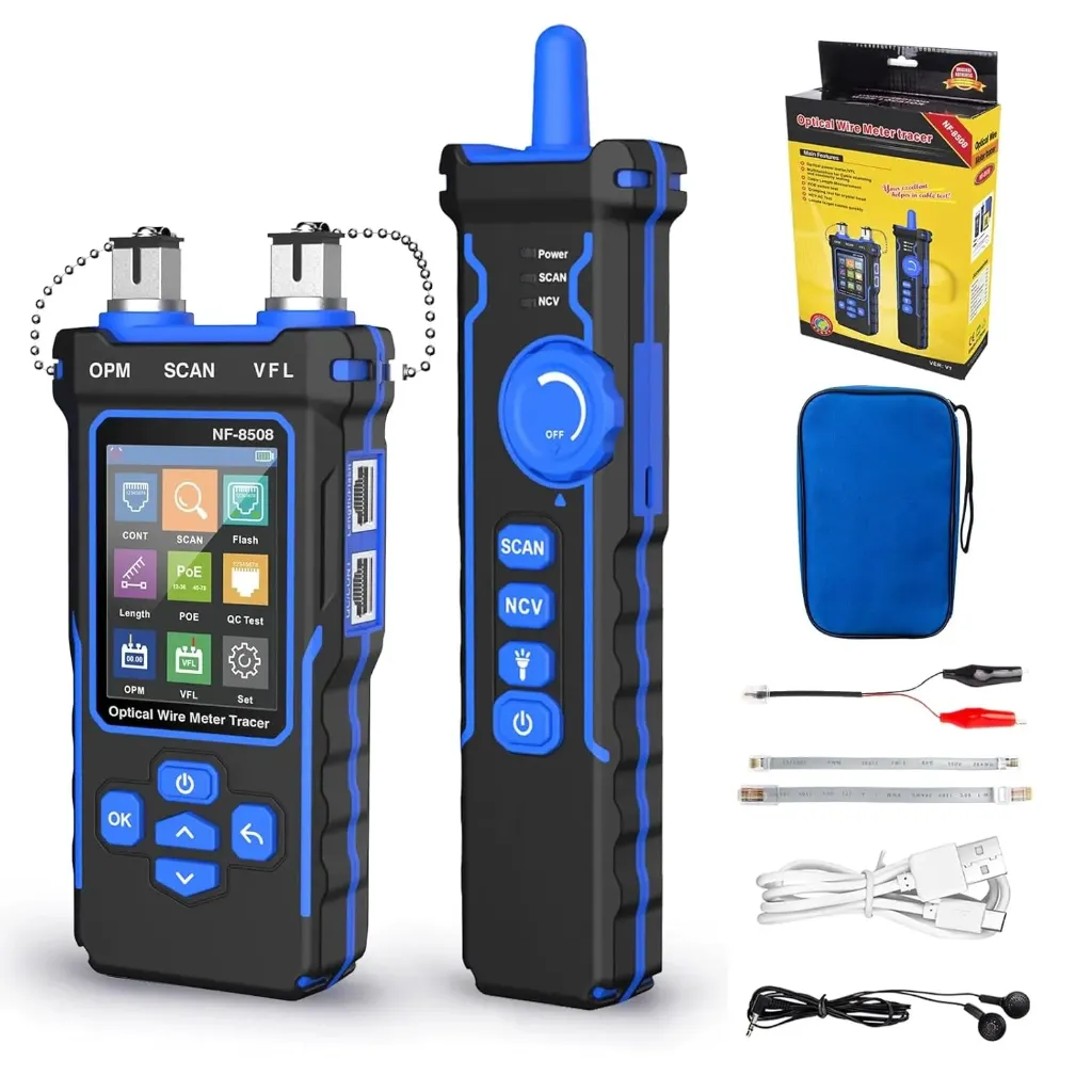 NOYAFA NF-8508 Network Cable Tester with Optical Power Meter VFL, RJ11 RJ45/PoE Tester/CAT5 CAT6/length Measurement, Telephone line Trace Meter with Headset, Network Tools