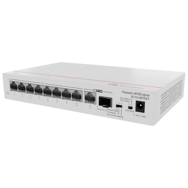 Huawei eKitEngine (S110-8P2ST) 8*10/100/1000 BASE-T Ports, PoE+, 1*GE SFP Port, 1*10/100/1000 BASE-T Port, AC Power, Power Adapter