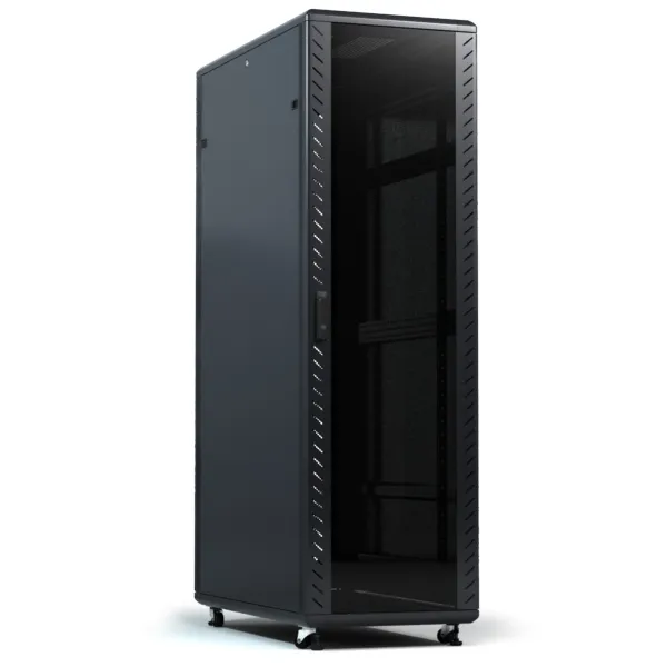 Free Standing Cabinet 37U 60X100 Dimension W*D*H Centimeter 60*100*183.3 Front Door Glass, Dual Section Vented Door, 1 X Fixed Shelf, 1 X PDU 6 Way, Side Lock, 1 X Set Cooling Fan