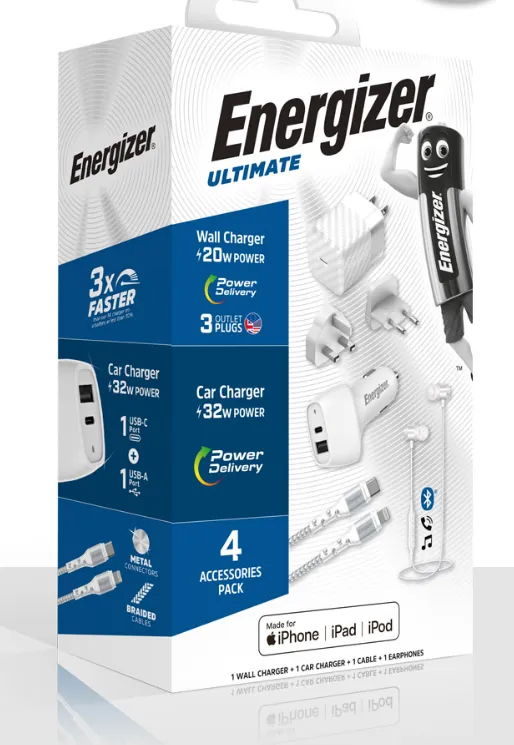 Energizer Ultimate (AIOL) Power Delivery Wall Charger + One Fast Car Charger + One Metal Bicolor Cable + One Wireless Earphones