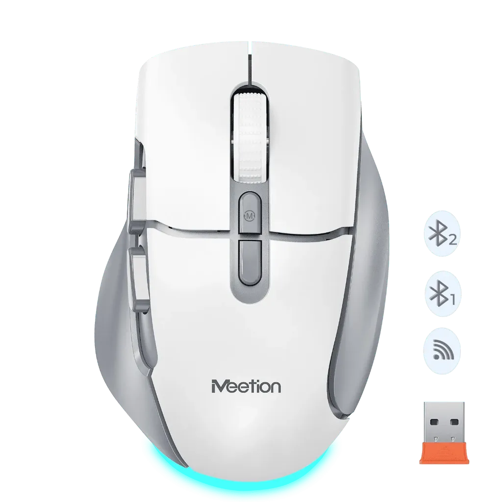 MEETION BTM001 Wireless Mouse for Laptop, USB and Bluetooth Connectivity, 4 Adjustable DPI, Rechargeable, Ergonomic (White)